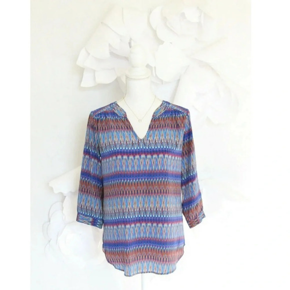 Ellie Kai Blue Orange Ikat Print Silk Blouse Top Women's Size 8 - Picture 2 of 9